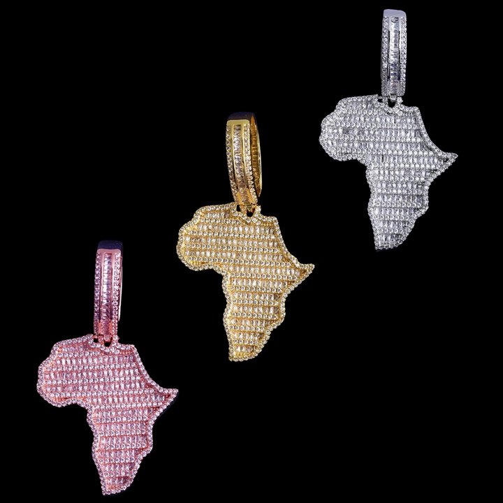 Solid Africa Map Iced Out Diamond Pendant Necklace