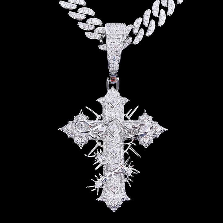 Thorned Frost Cross Iced Out Diamond Pendant Necklace