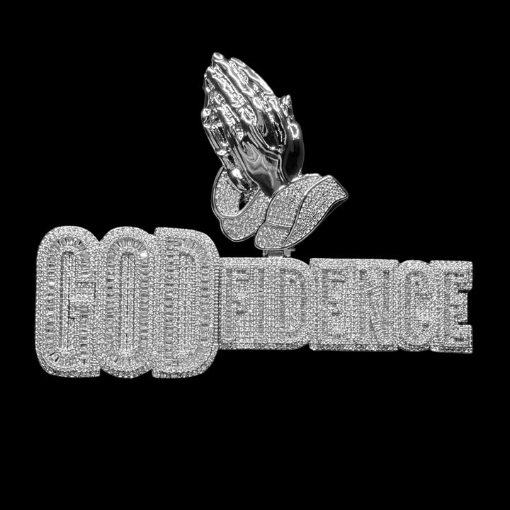God Fidence Praying Hands Bail Iced Out Letter Diamond Pendant Necklace