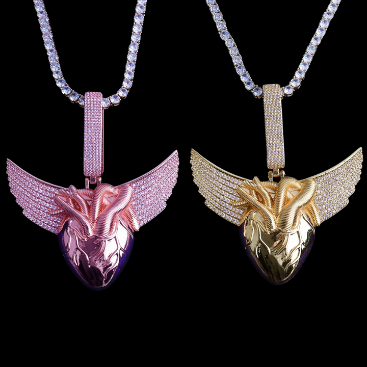 Anatomical Winged Heart Iced Out Diamond Pendant Necklace