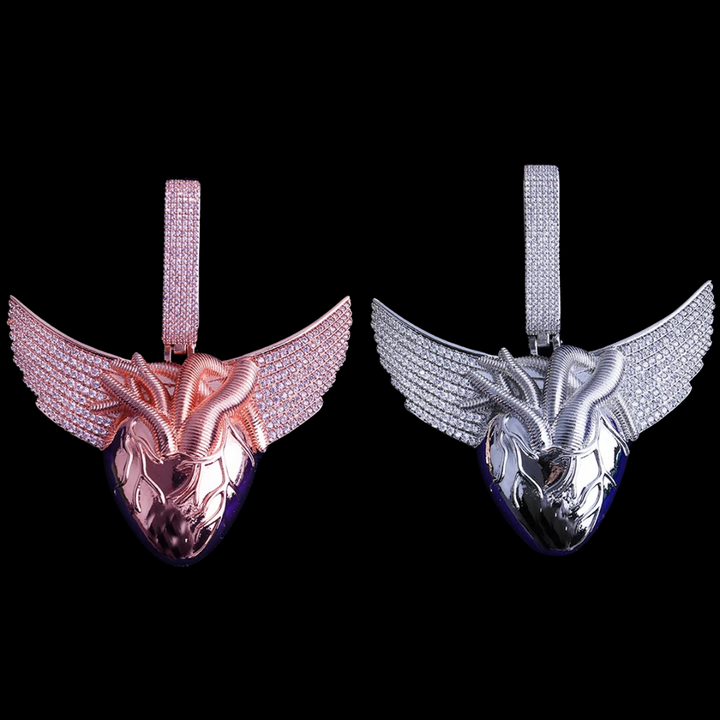 Anatomical Winged Heart Iced Out Diamond Pendant Necklace
