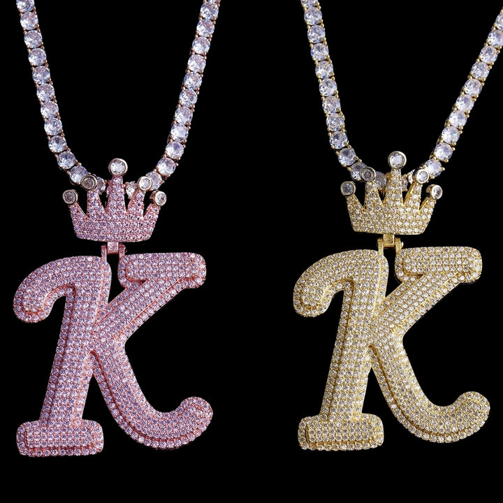 NEW | Crown Letter K Iced Out Diamond Pendant Necklace