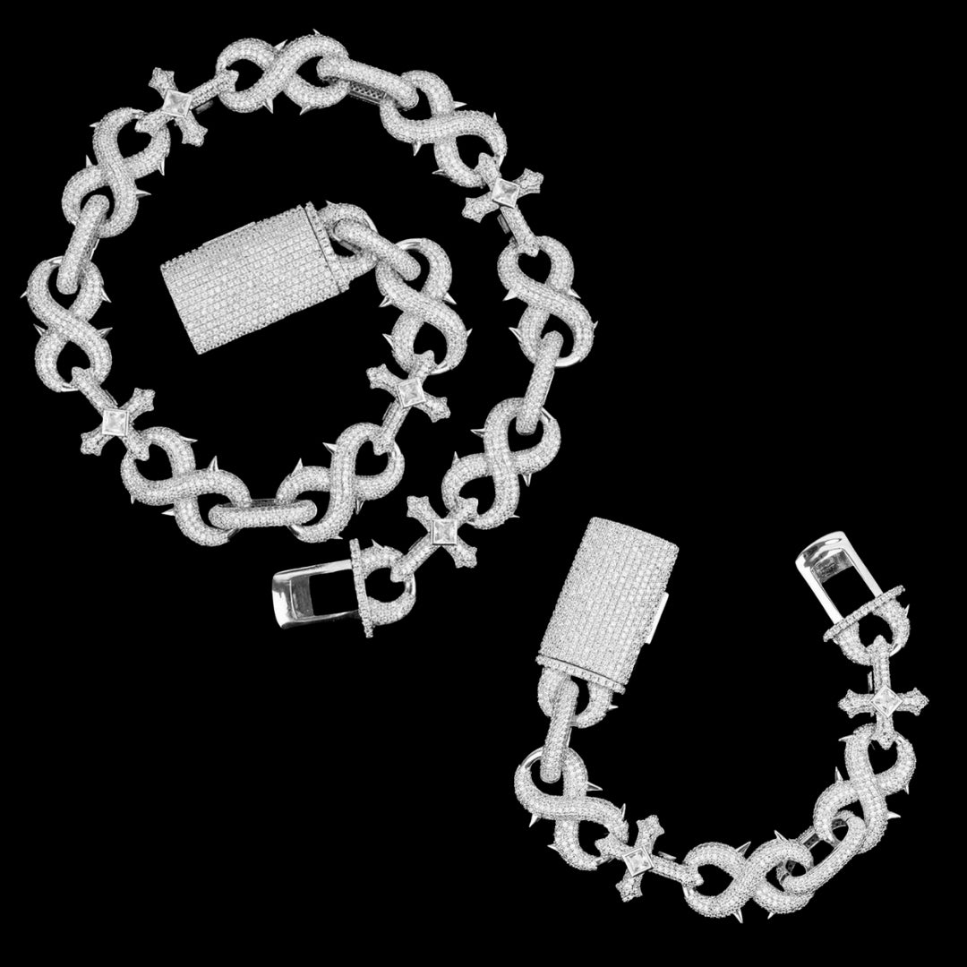 18MM Cross and Infinity Link Iced Out Diamond Necklace Bracelet Set – Icey  Pyramid