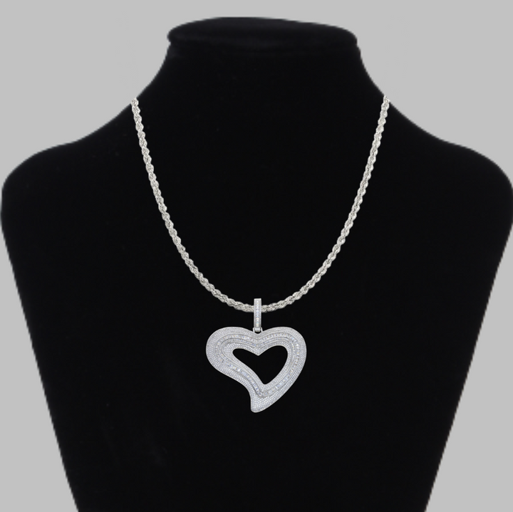 Baguette Heart Iced Out Diamond Pendant Necklace