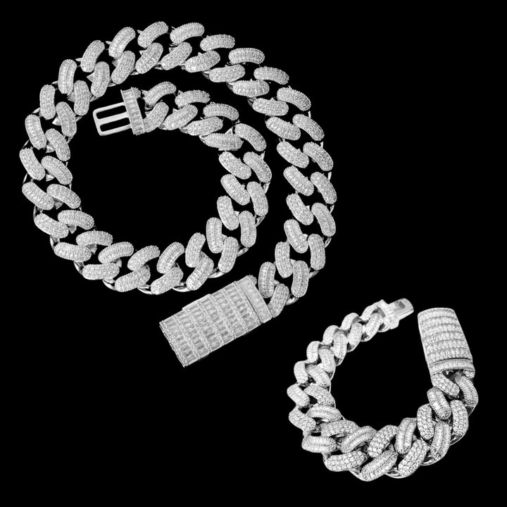 20MM Stones and Baguette Cuban Link Iced Out Diamond Necklace Bracelet Set