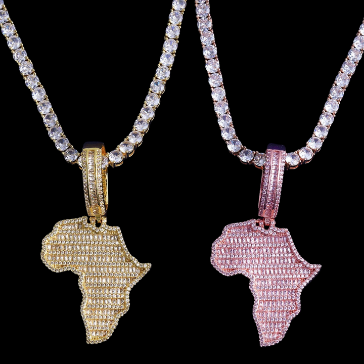 Solid Africa Map Iced Out Diamond Pendant Necklace