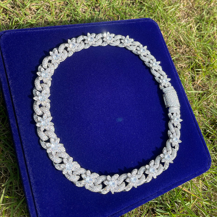 18MM Flower Cuban Iced Out Diamond Necklace Chain