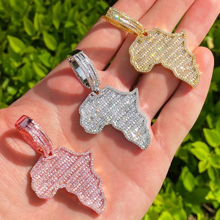 Solid Africa Map Iced Out Diamond Pendant Necklace