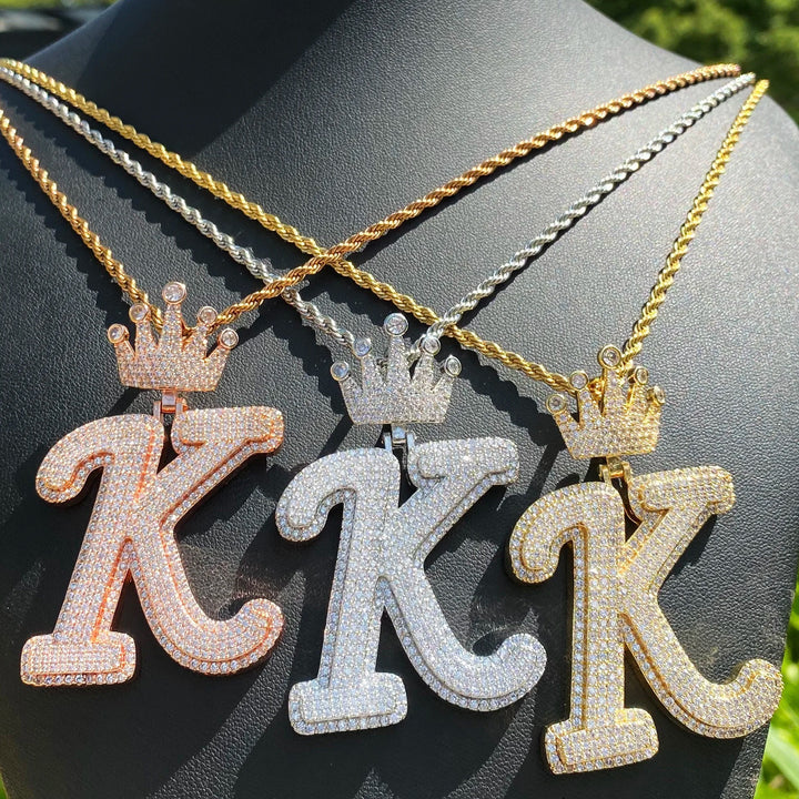 NEW | Crown Letter K Iced Out Diamond Pendant Necklace