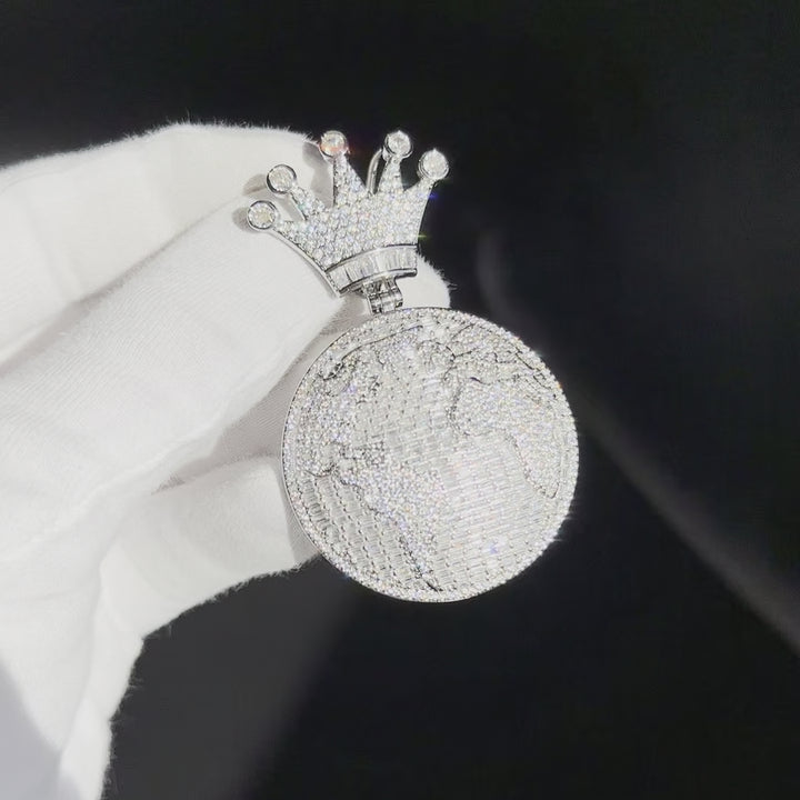 Globe World Crown Bail Iced Out Diamond Pendant Necklace