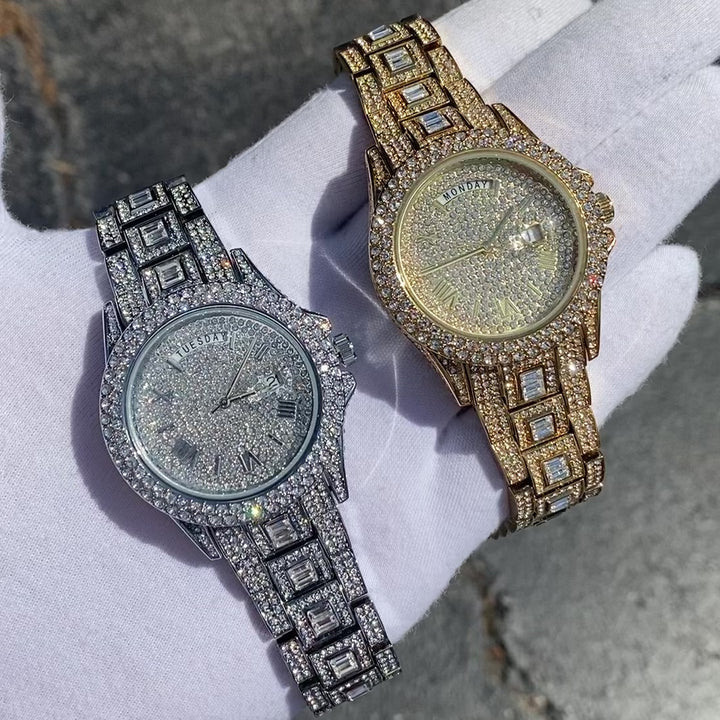 Day Date Roman Numerals VVS Iced Out Diamond Watch