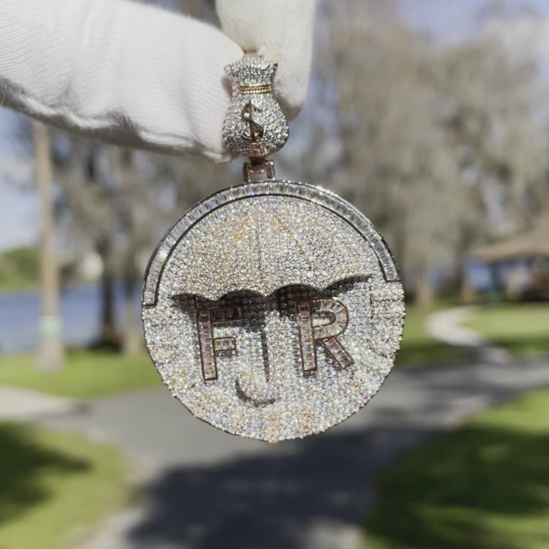 Forever Rich Umbrella Money Bag Bail Iced Out Letter Diamond Pendant Necklace