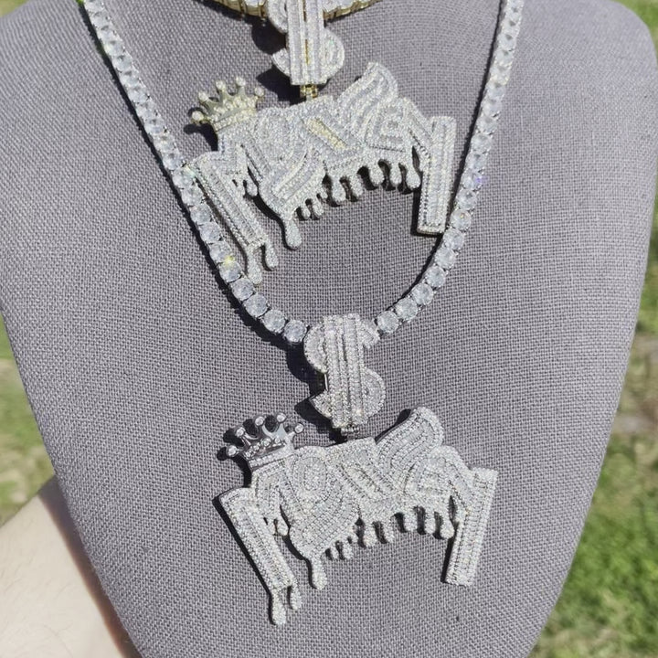 Money with Dollar Bail Iced Out Letter Diamond Pendant Necklace