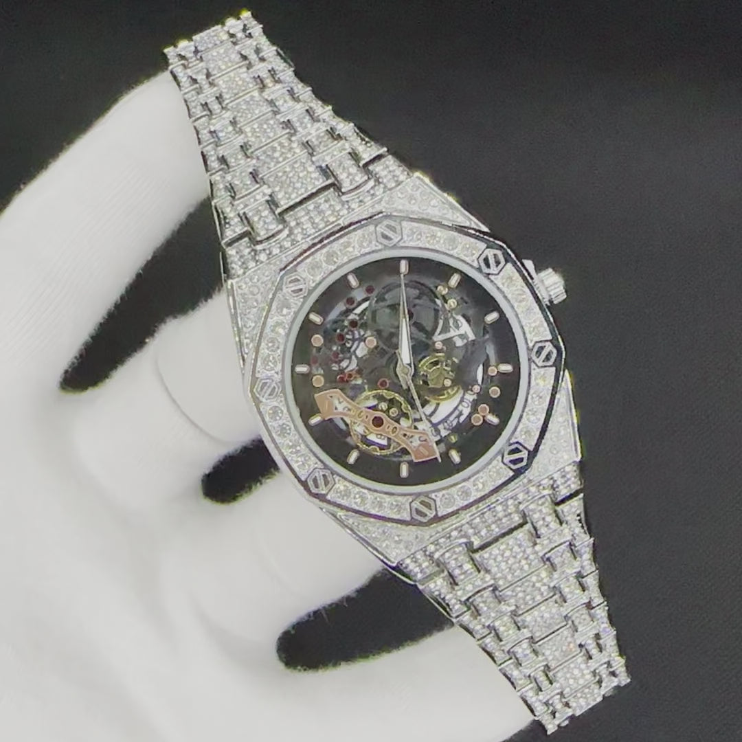 Skeleton Date Dial Iced Out Diamond Watch