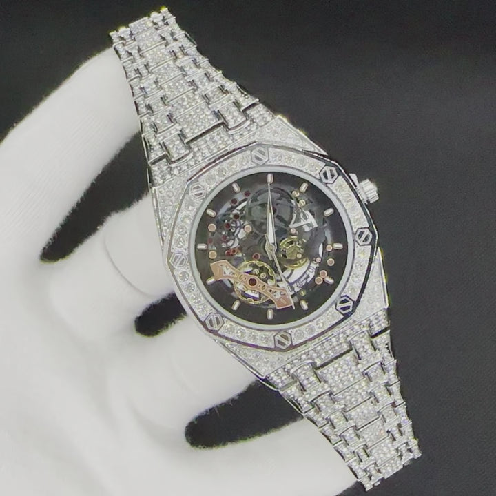 Skeleton Date Dial Iced Out Diamond Watch