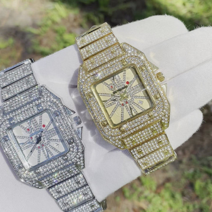 Square Special Red Dial Date Iced Out Diamond Watch