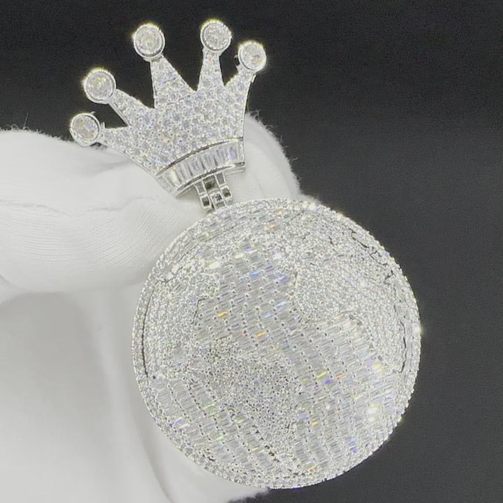 Globe World Crown Bail Iced Out Diamond Pendant Necklace