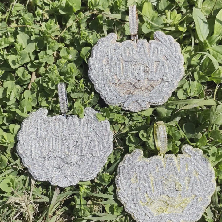 Road Runna Two Tone Badge Iced Out Letter Diamond Pendant Necklace