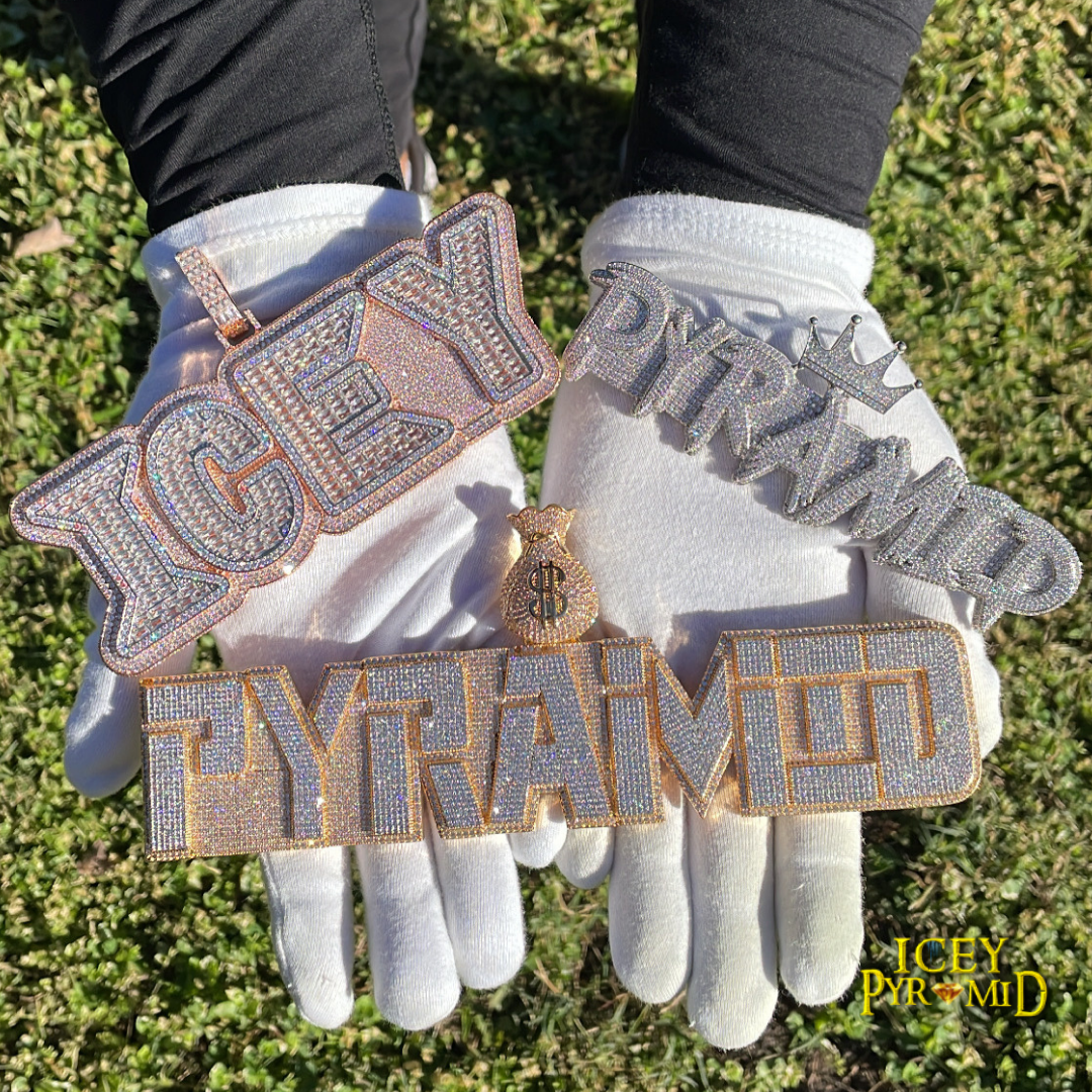 Money Bag Bail Two Layers Iced Out Personalized Custom Name Necklace Pendant