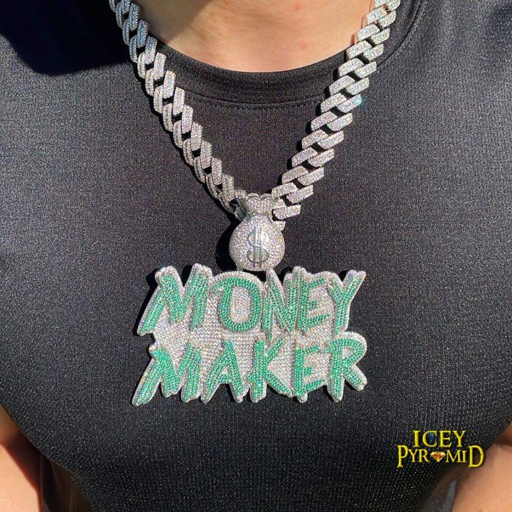 Money Bag Bail Two Tone Solid Iced Out Personalized Custom Name Necklace Pendant