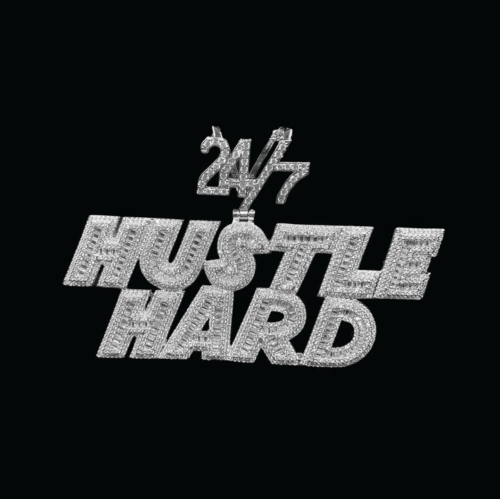 24/7 Hustle Hard Letter Iced Out Letter Diamond Pendant Necklace
