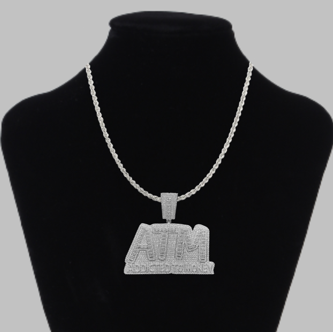 ATM Addicted To Money Iced Out Letter Diamond Pendant Necklace