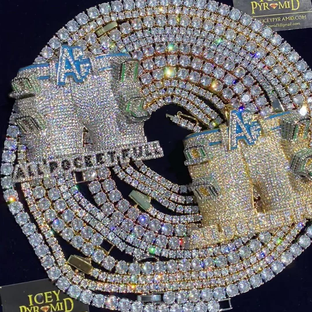 APF All Pocket Full Money Iced Out Letter Diamond Pendant Necklace