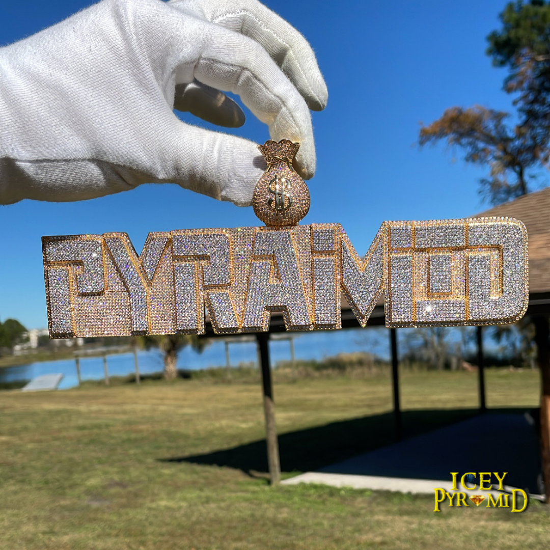 Money Bag Bail Two Layers Iced Out Personalized Custom Name Necklace Pendant