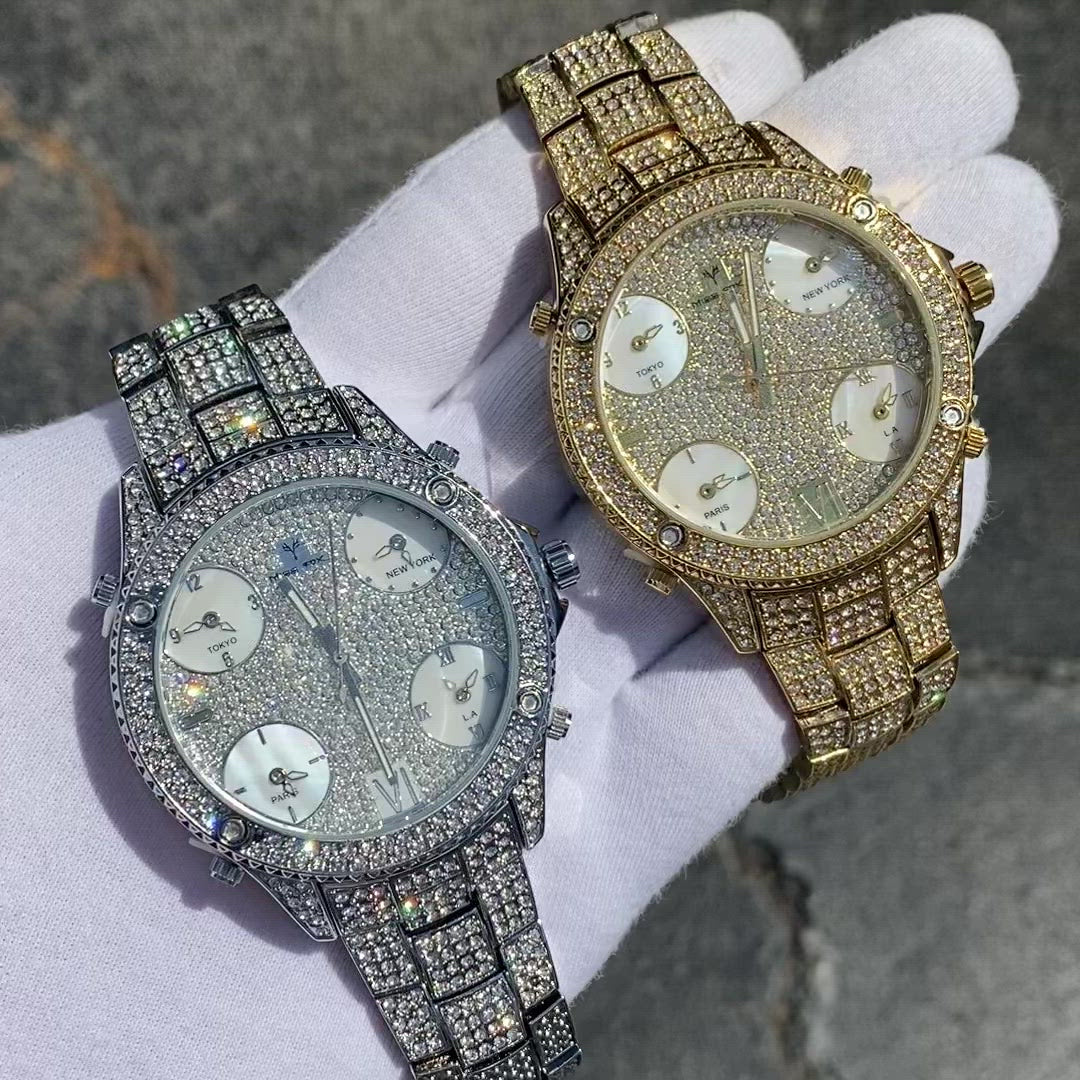 Waterproof Big Dial Dual Time Iced Out Diamond Watch