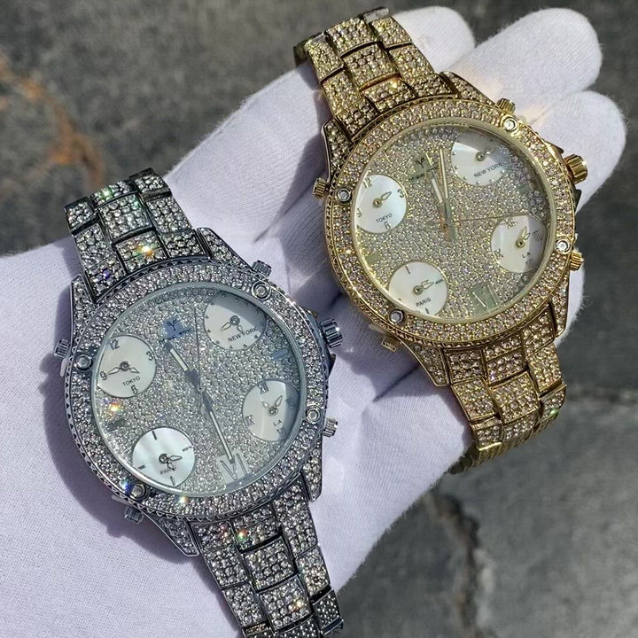 Waterproof Big Dial Dual Time Iced Out Diamond Watch