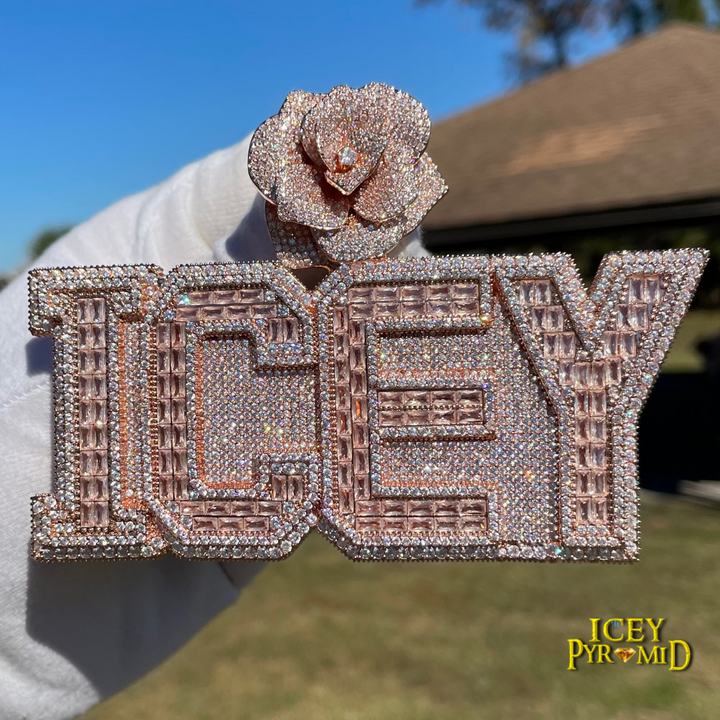 Rising Rose Edition Rose Flower Bail Iced Out Personalized Custom Name Necklace Pendant