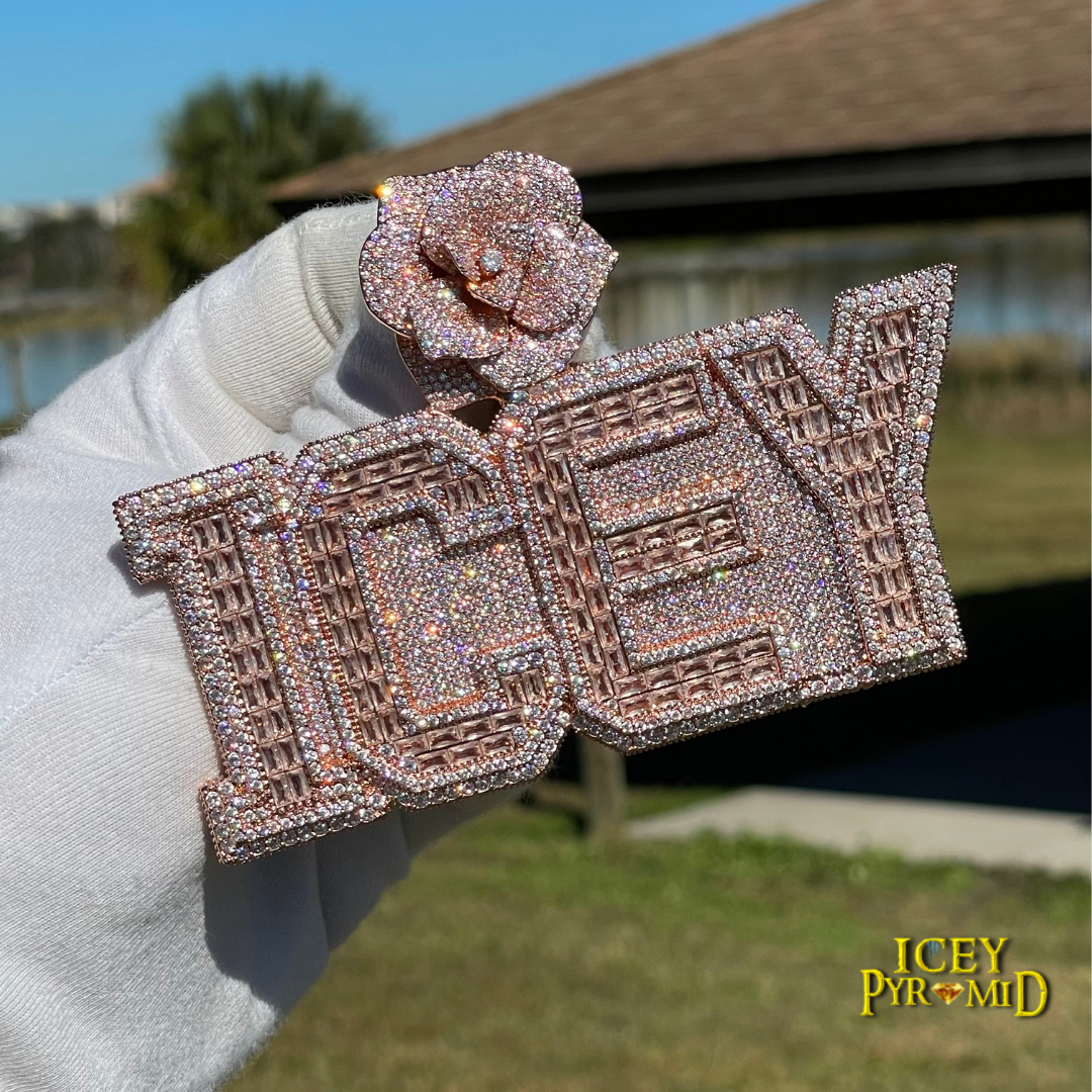 Rising Rose Edition Rose Flower Bail Iced Out Personalized Custom Name Necklace Pendant