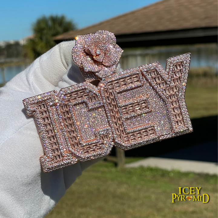 Rising Rose Edition Rose Flower Bail Iced Out Personalized Custom Name Necklace Pendant