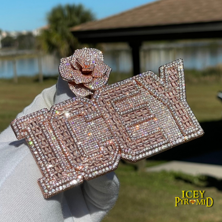 Rising Rose Edition Rose Flower Bail Iced Out Personalized Custom Name Necklace Pendant