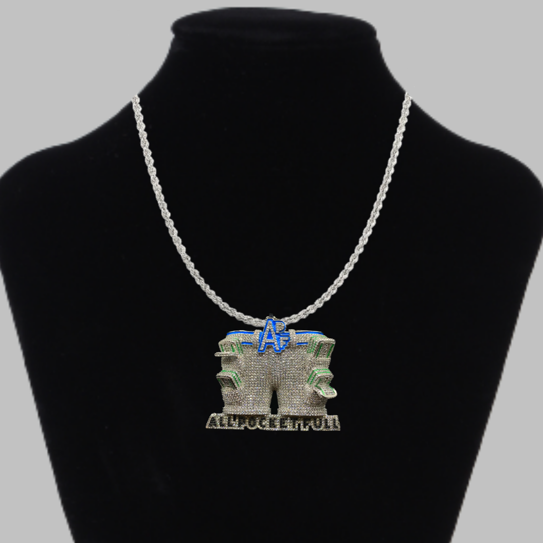 APF All Pocket Full Money Iced Out Letter Diamond Pendant Necklace