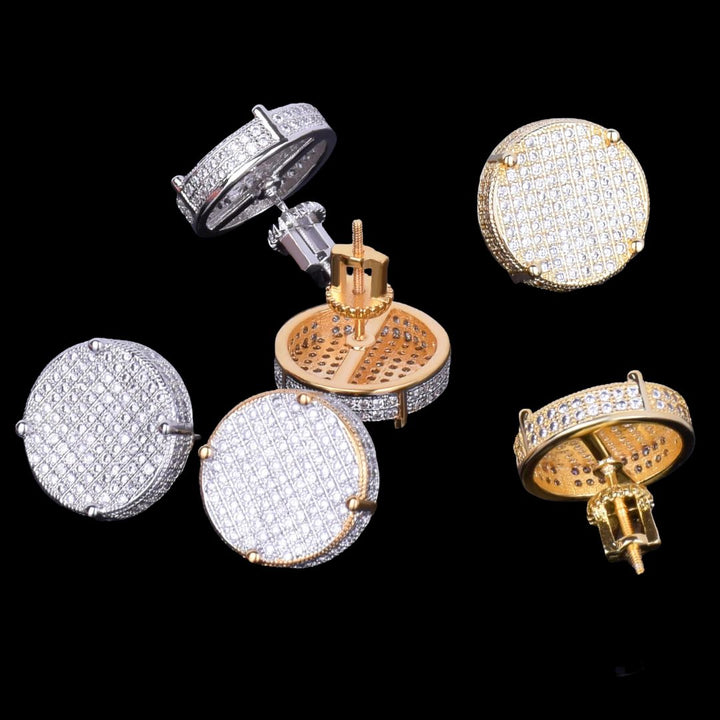 14MM Round Screw Back Iced Out Diamond Stud Earrings
