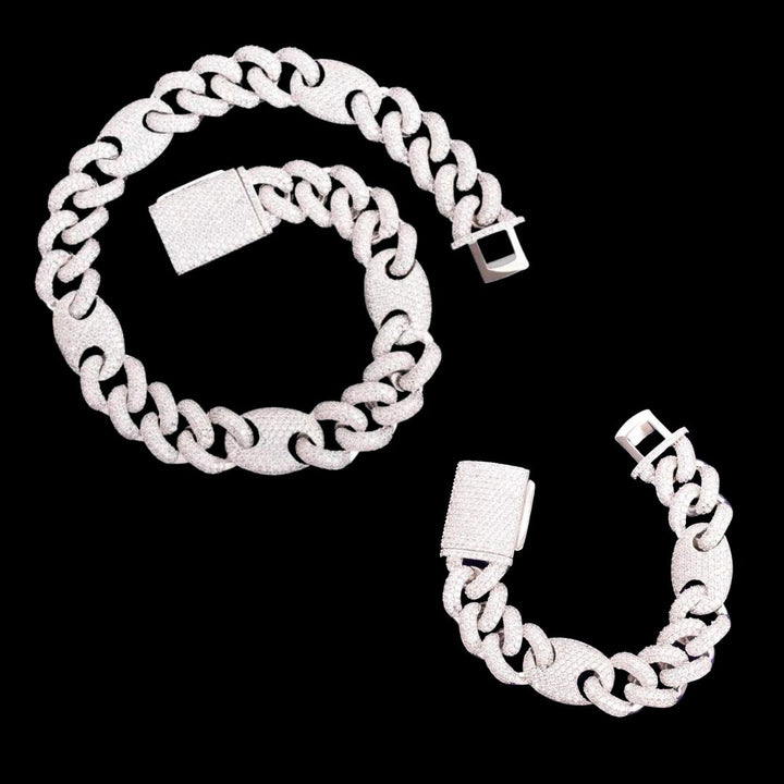 18MM Bean and Links Cuban Iced Out Diamond Necklace Bracelet Set