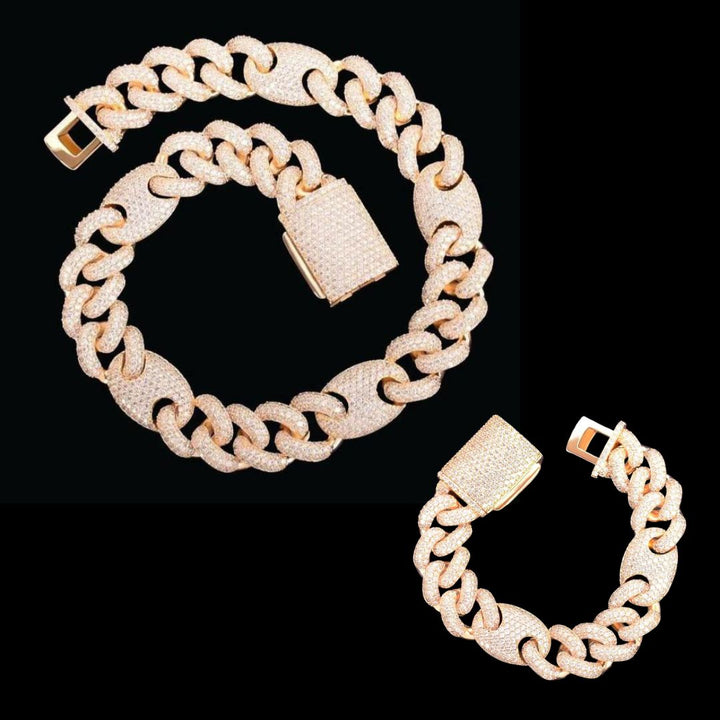 18MM Bean and Links Cuban Iced Out Diamond Necklace Bracelet Set