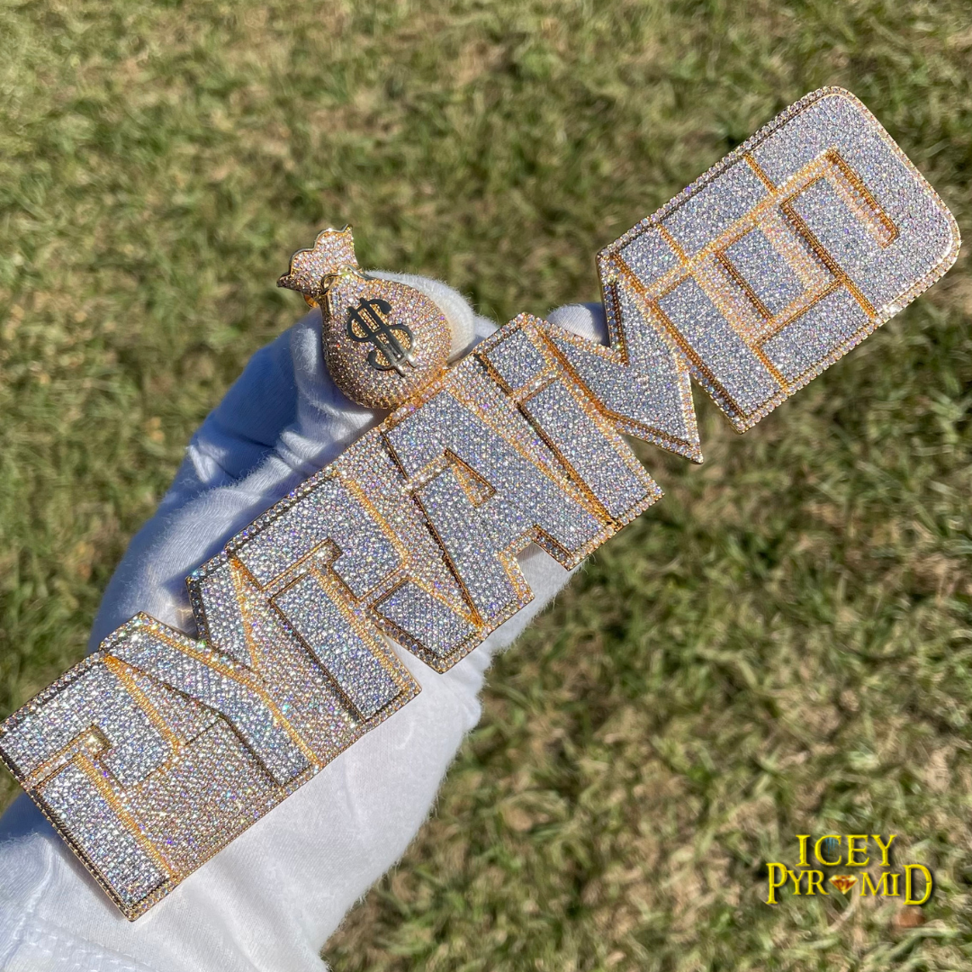 Money Bag Bail Two Layers Iced Out Personalized Custom Name Necklace Pendant