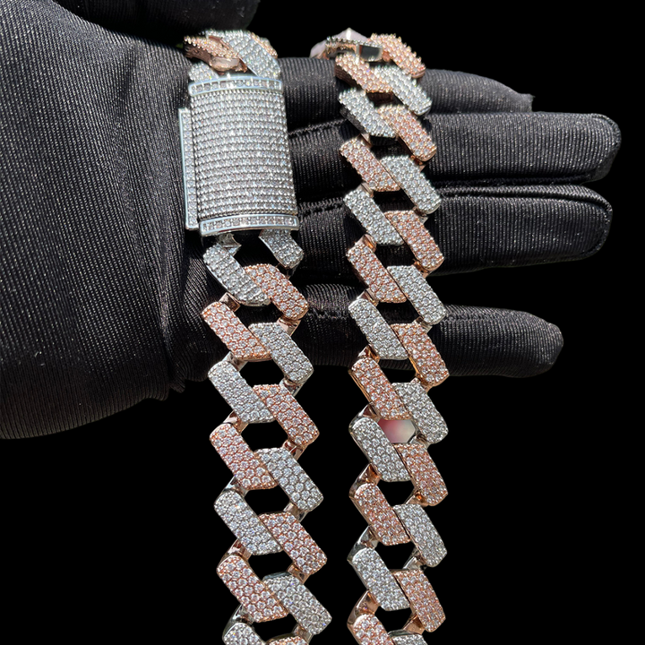 20MM Solid Duo Rose Iced Out Diamond Necklace Bracelet Set