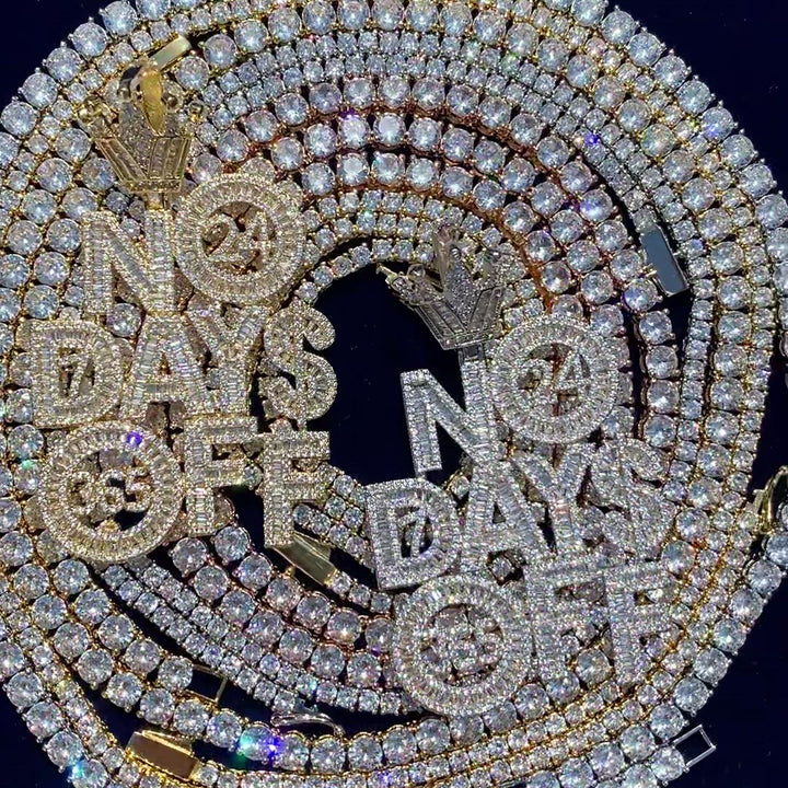 No Days OFF Crown Bail Iced Out Letter Diamond Pendant Necklace