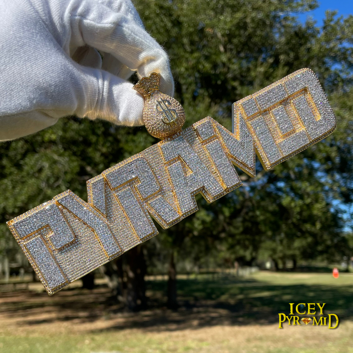 Money Bag Bail Two Layers Iced Out Personalized Custom Name Necklace Pendant