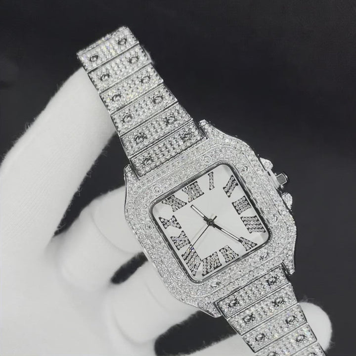Square White Gold Dial VVS Numerals Iced Out Diamond Watch