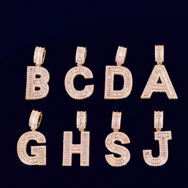 Solid Baguette Letters Iced Out Personalized Custom Name Necklace Pendant