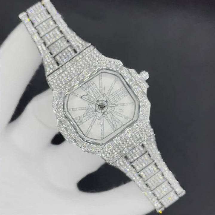 White Gold Stoned Numerals Iced Out Diamond Watch