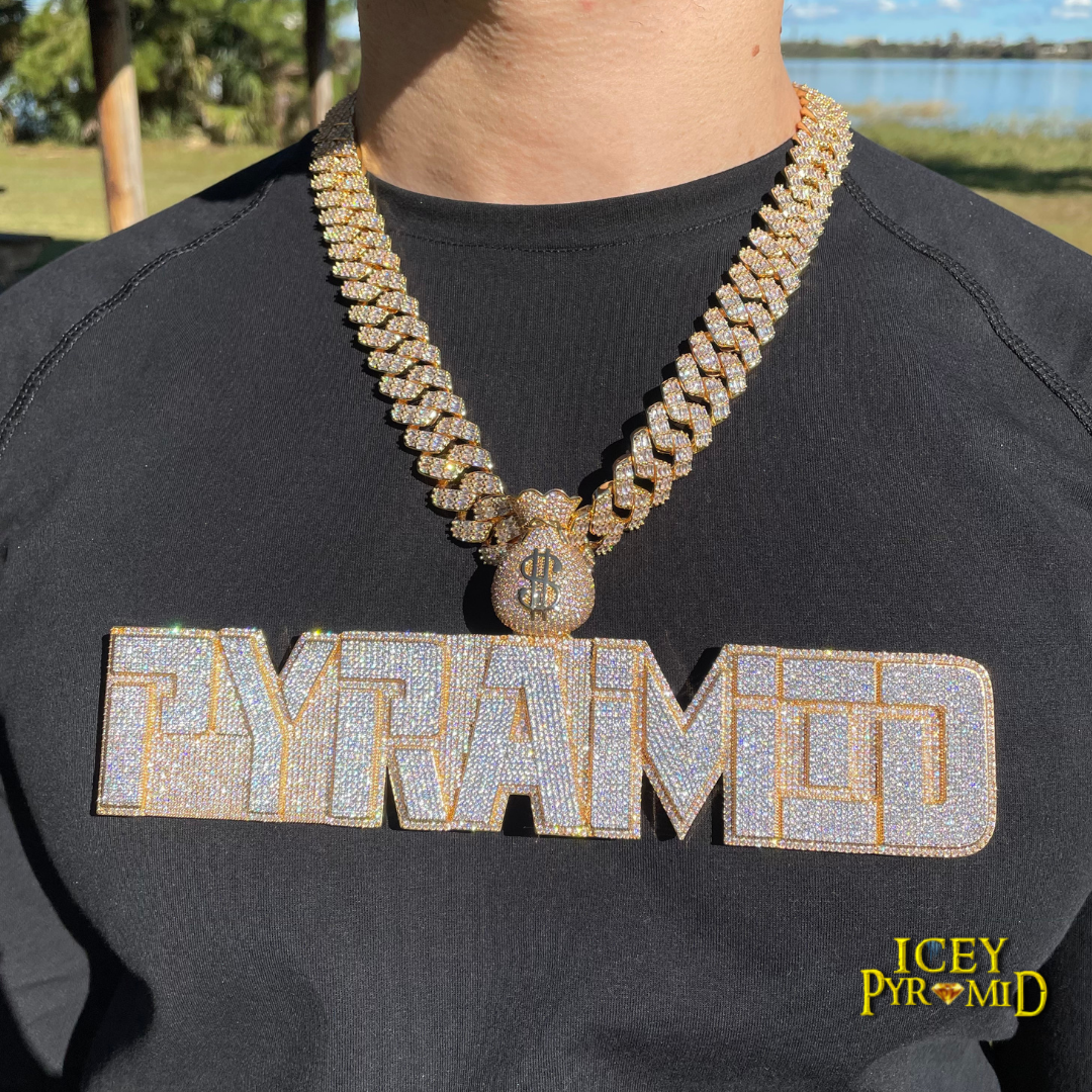Money Bag Bail Two Layers Iced Out Personalized Custom Name Necklace Pendant