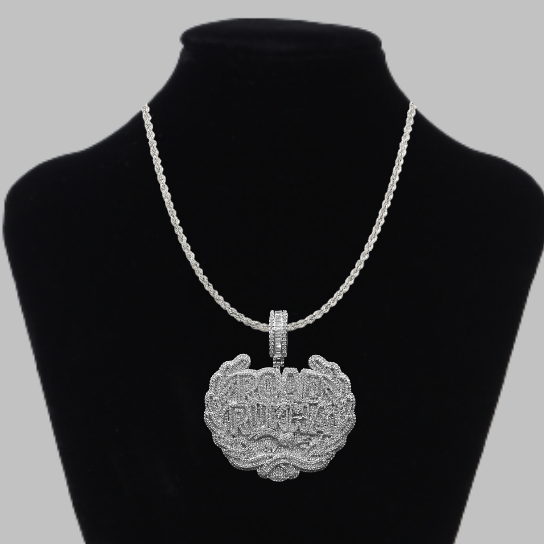 Road Runna Two Tone Badge Iced Out Letter Diamond Pendant Necklace