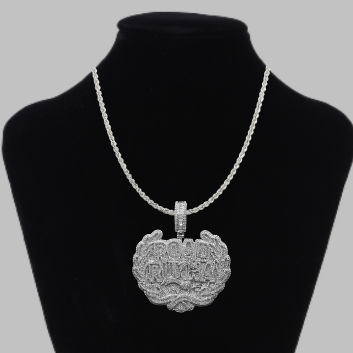 Road Runna Two Tone Badge Iced Out Letter Diamond Pendant Necklace