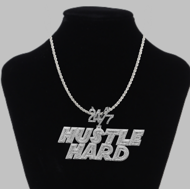 24/7 Hustle Hard Letter Iced Out Letter Diamond Pendant Necklace