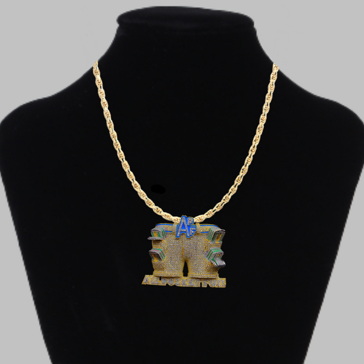 APF All Pocket Full Money Iced Out Letter Diamond Pendant Necklace